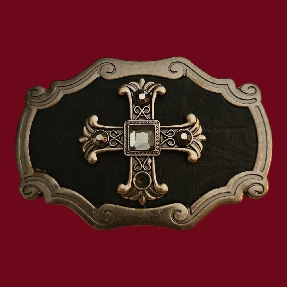 Vintage Ornate Two-tone Cross Punk Goth Metal Belt Buckle